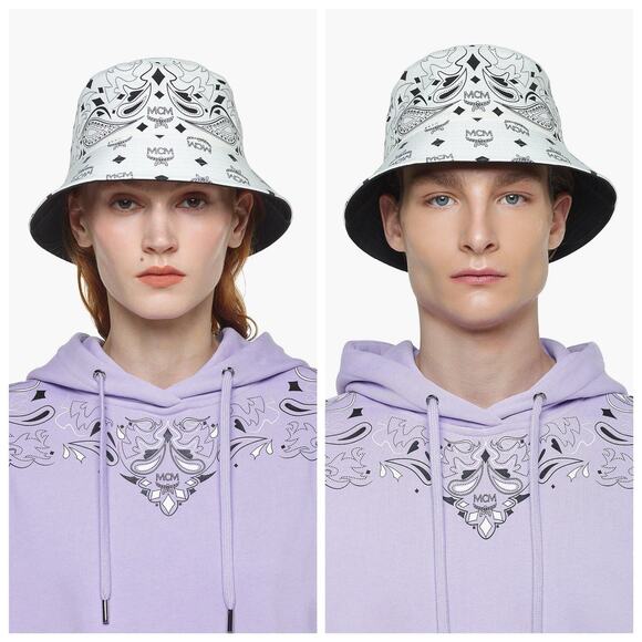 MCM White Visetos Monogram Bandana Print Logo Reversible Bucket Hat NWT $320 - Picture 3 of 10